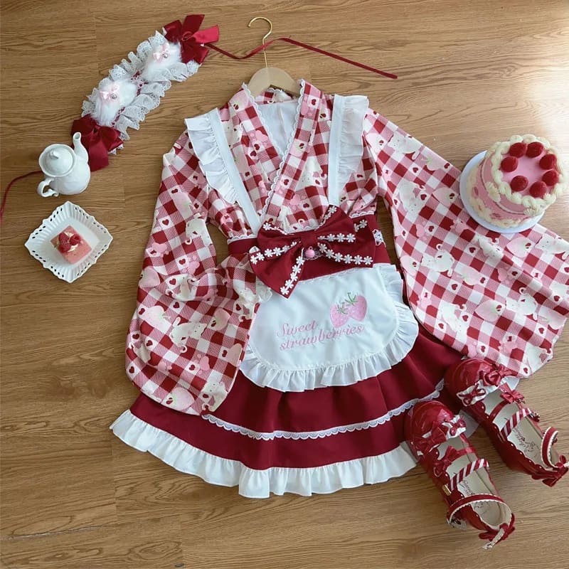 Kawaii cute sweet strawberry kimono dress