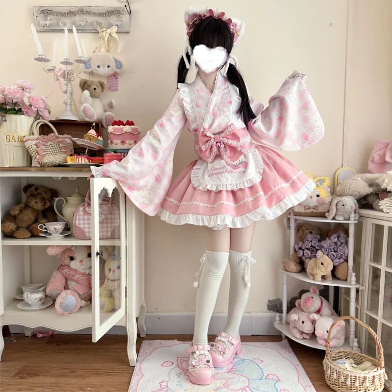 Kawaii Cute Sweet Strawberry Kimono Dress Pink / M