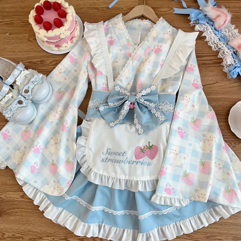 Kawaii cute sweet strawberry kimono dress