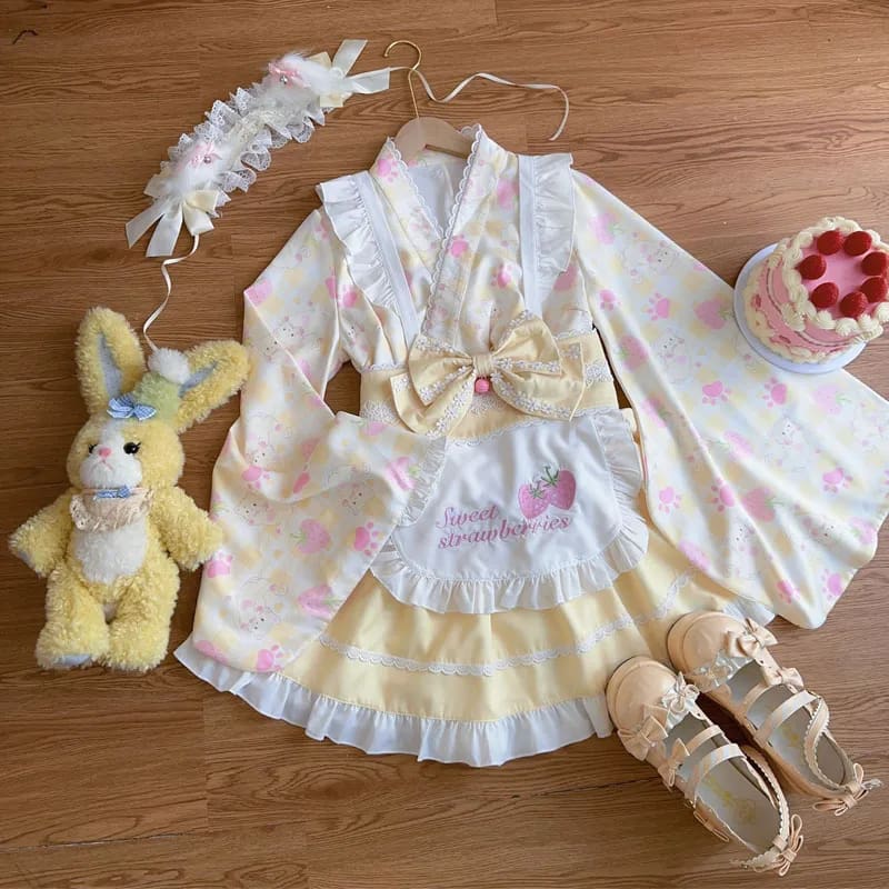 Kawaii cute sweet strawberry kimono dress