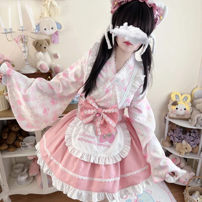 Kawaii cute sweet strawberry kimono dress