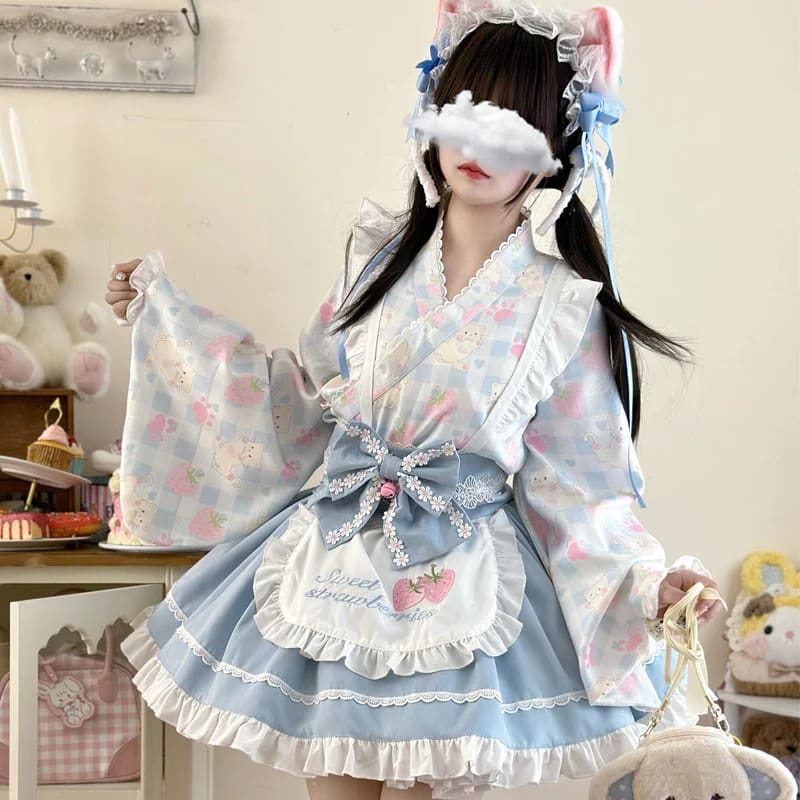 Kawaii cute sweet strawberry kimono dress