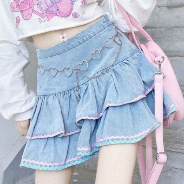 Kawaii denim tiered cake skirt pink ruffled icing piping