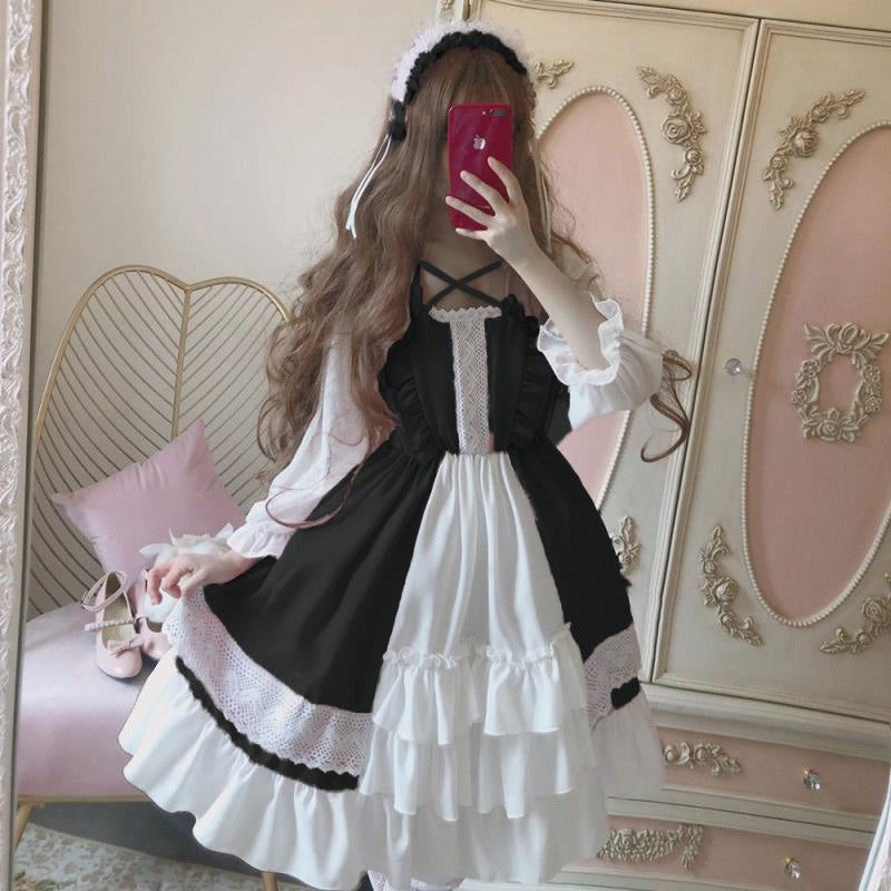 Kawaii Elegant Victorian Maid Puffy Sleeve Layered Dress Black Kawaii Elegant Victorian Maid Puffy Sleeve Layered Dress Black