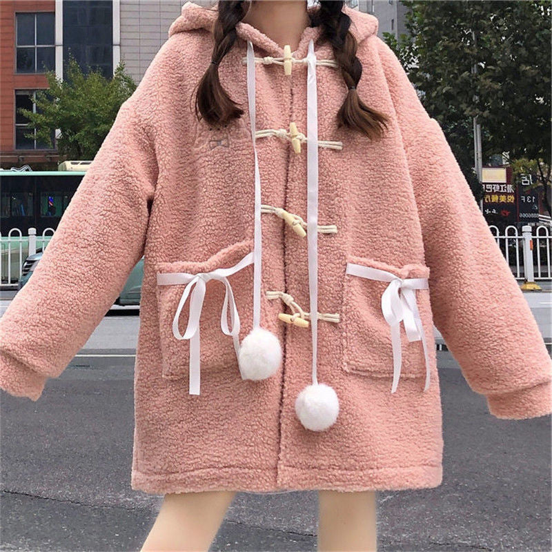 Kawaii fuzzy bear pink or white jacket winter coat pom poms