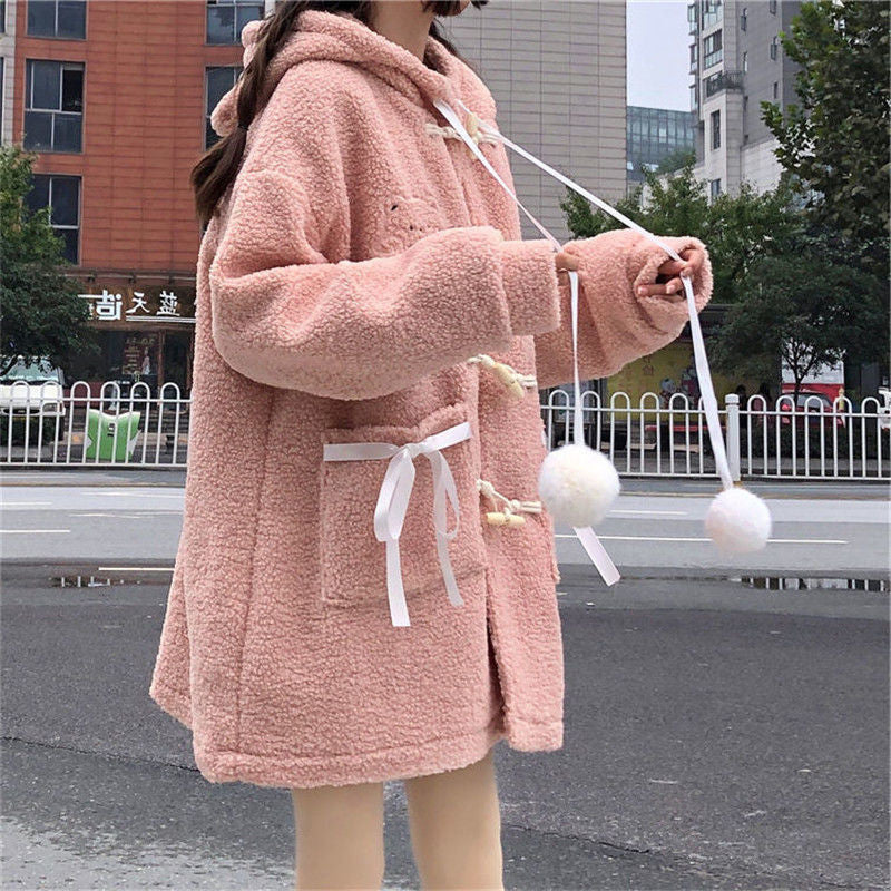 Kawaii Fuzzy Bear Pink or White Jacket Winter Coat Pom Poms Kawaii Babe