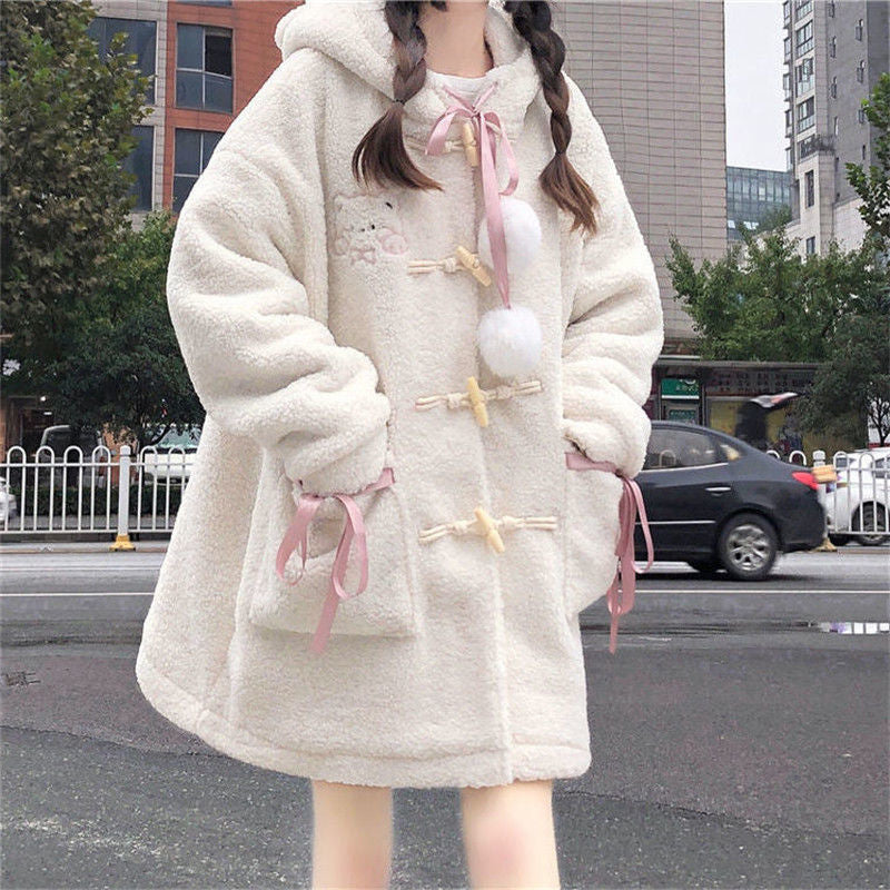 Kawaii fuzzy bear pink or white jacket winter coat pom poms