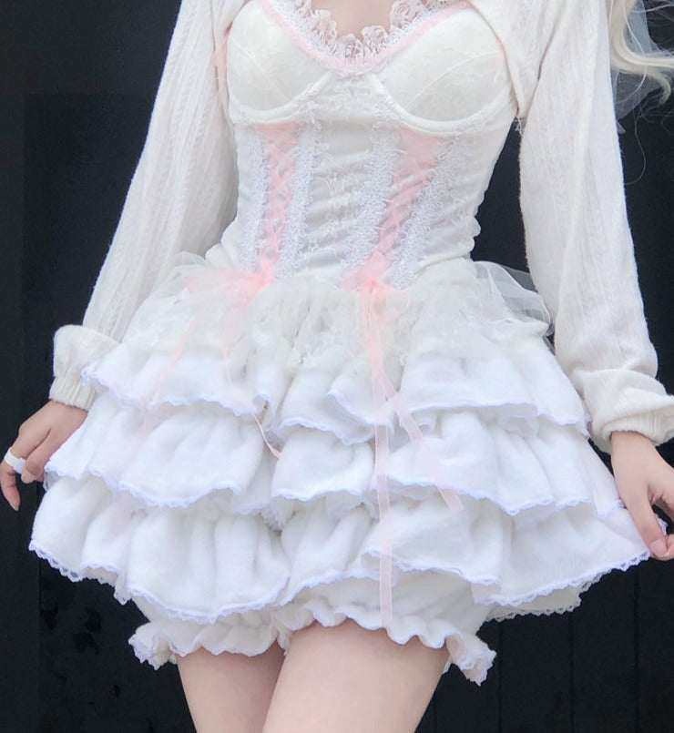 Kawaii fuzzy white ruffled shorts layered bloomers