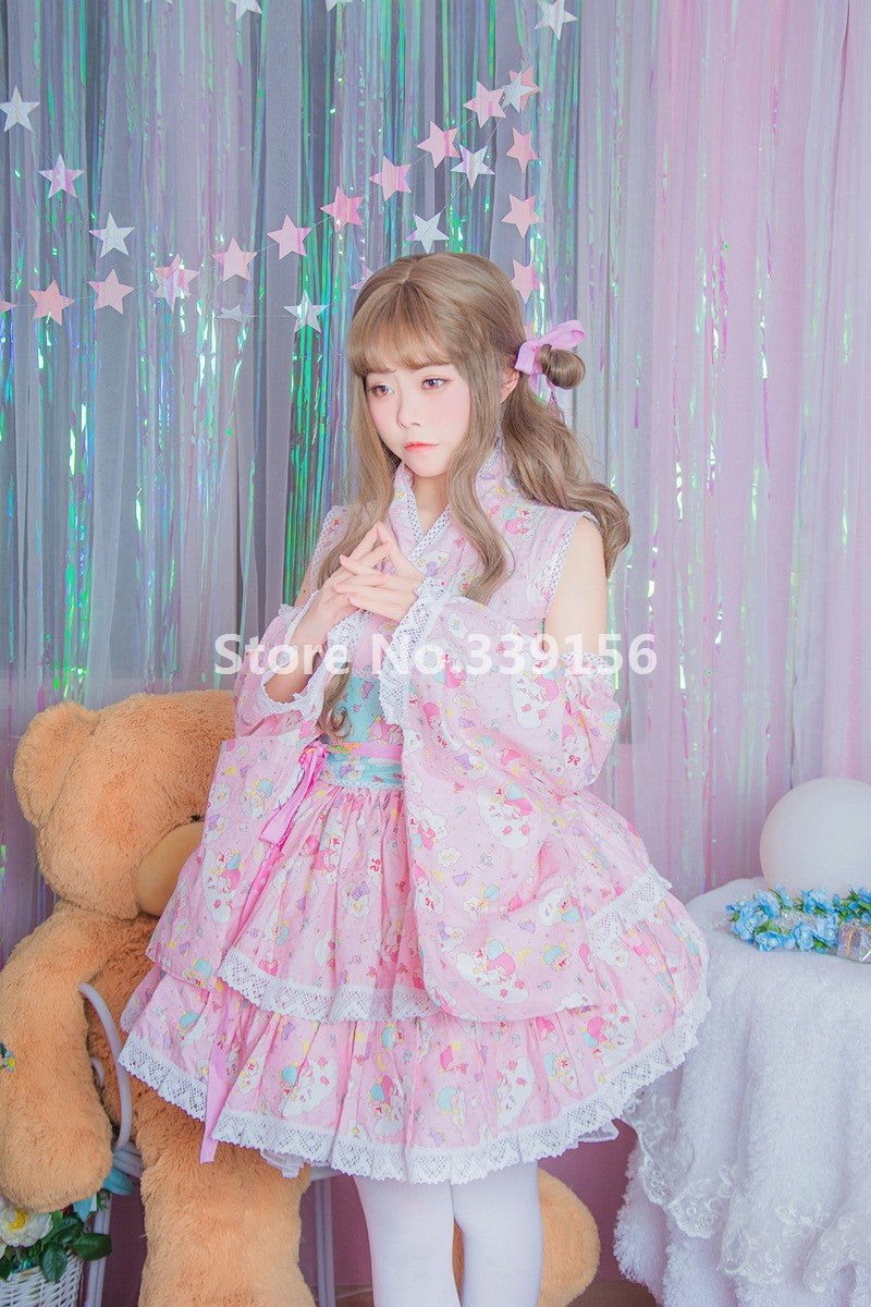 Kawaii kimono dress - anime cosplay - baby pink - cat - extra large