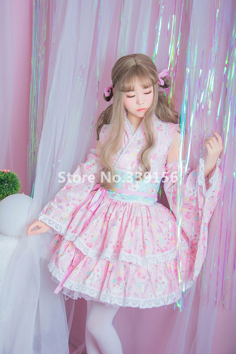 Kawaii kimono dress - anime cosplay - baby pink - cat - extra large