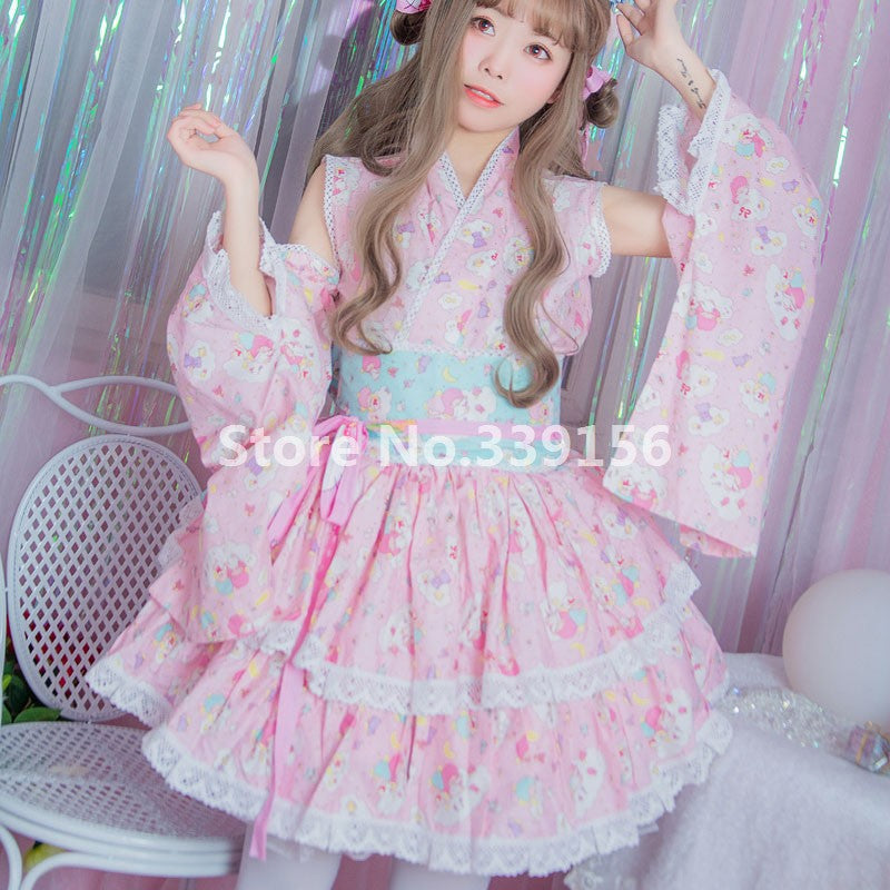 Kawaii kimono dress - anime cosplay - baby pink - cat - extra large