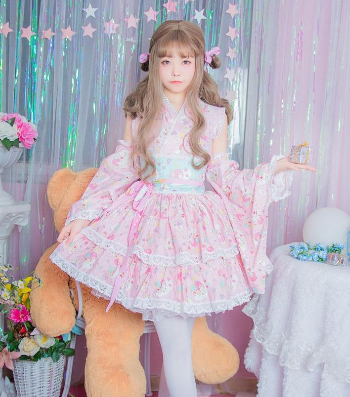 Kawaii kimono dress - anime cosplay - baby pink - cat - extra large