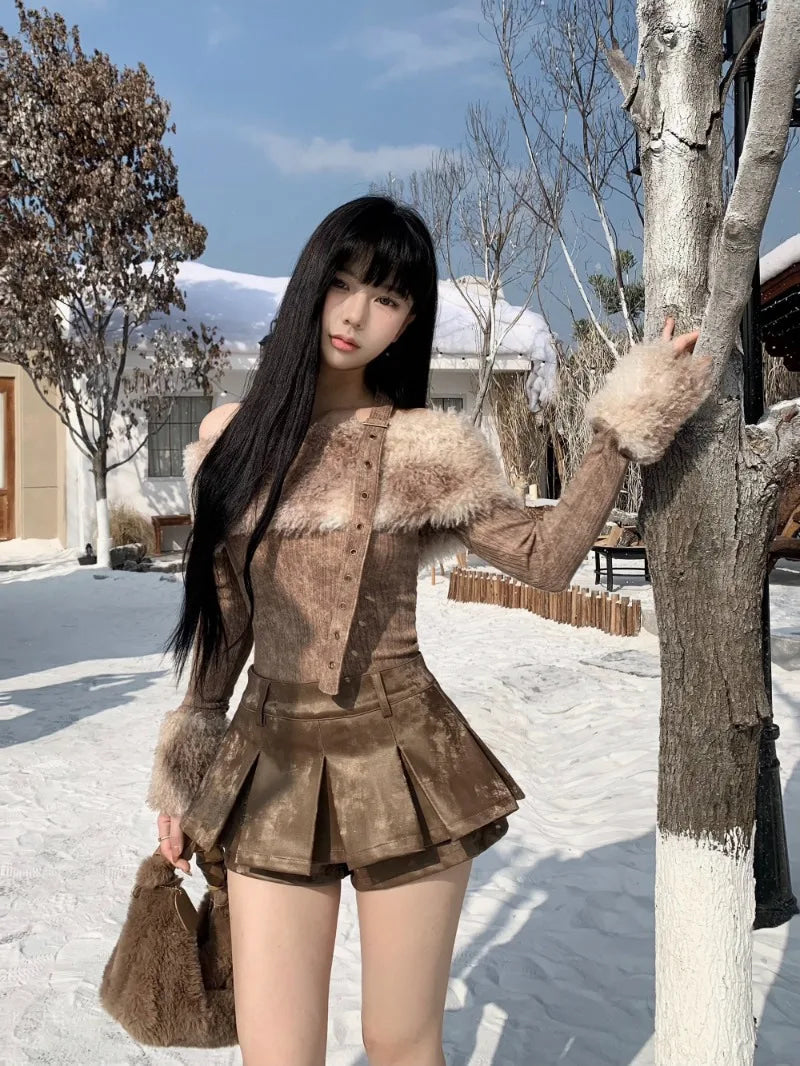 Kawaii nordic viking outfit - bear - brown - fur - nordic - pleated