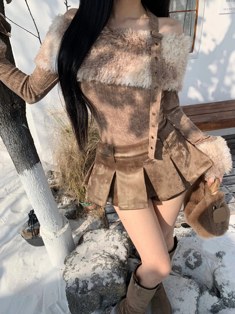 Kawaii nordic viking outfit - bear - brown - fur - nordic - pleated