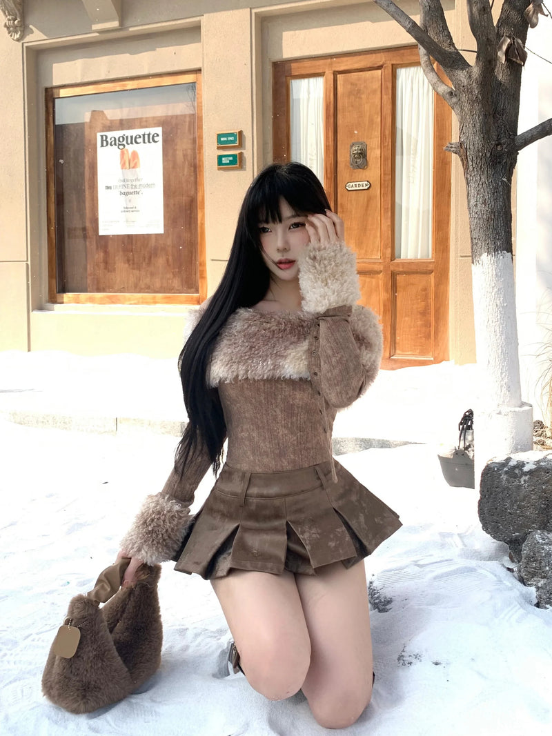 Kawaii nordic viking outfit - bear - brown - fur - nordic - pleated