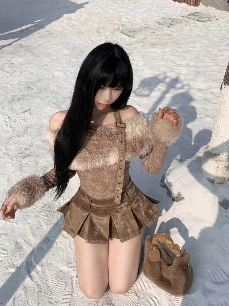 Kawaii nordic viking outfit - bear - brown - fur - nordic - pleated