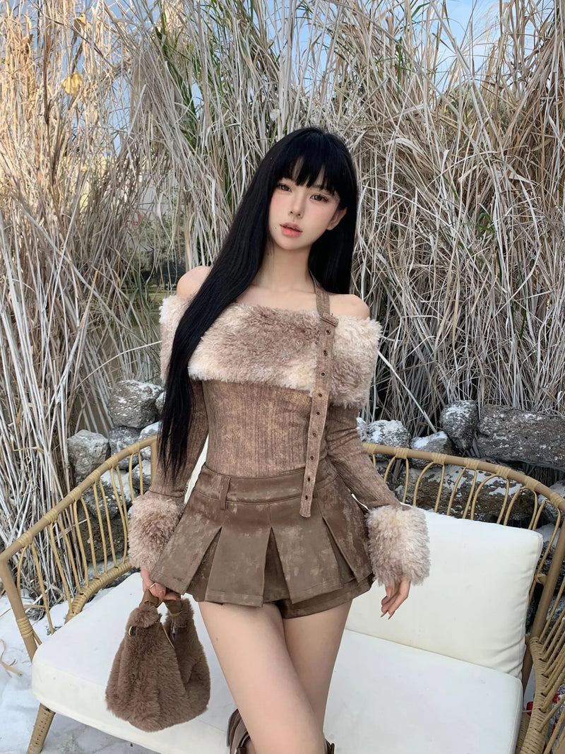 Kawaii nordic viking outfit - bear - brown - fur - nordic - pleated