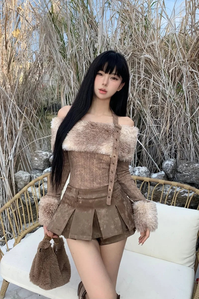 Kawaii nordic viking outfit - bear - brown - fur - nordic - pleated