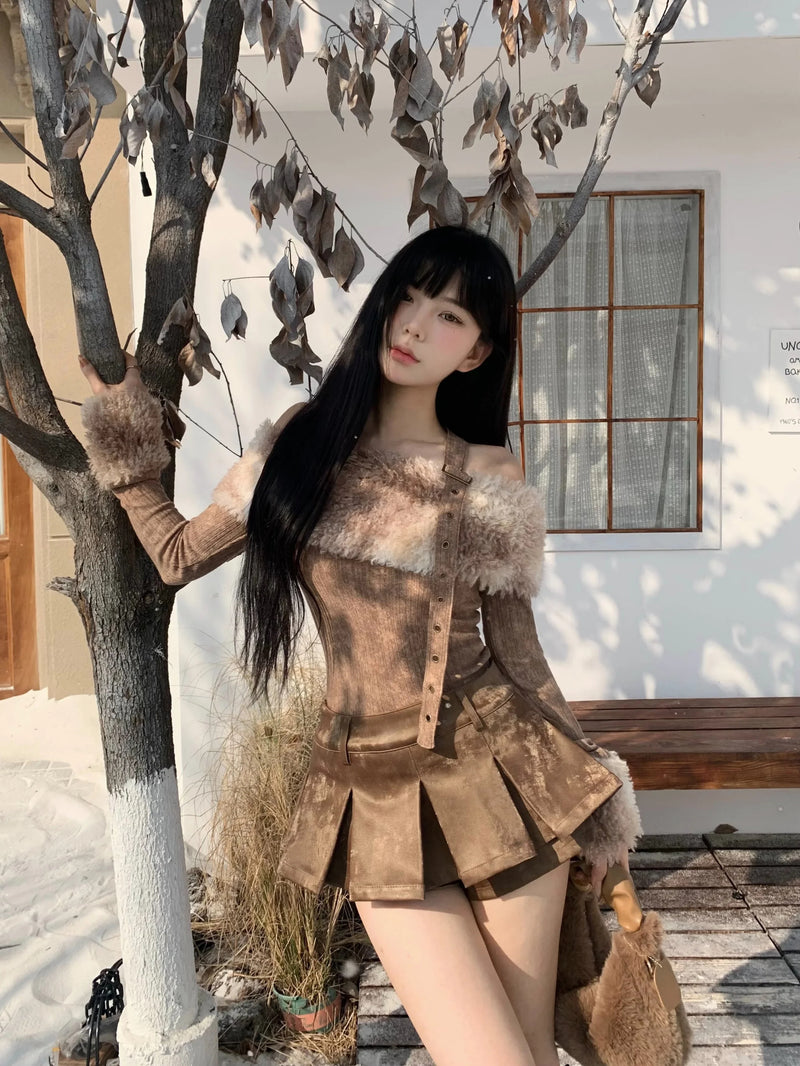 Kawaii nordic viking outfit - bear - brown - fur - nordic - pleated