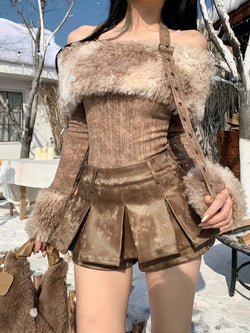 Kawaii nordic viking outfit - bear - brown - fur - nordic - pleated