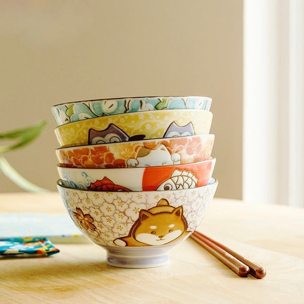 Kawaii oriental noodle bowls - blue ink - bowls - ceramic - china - chinese