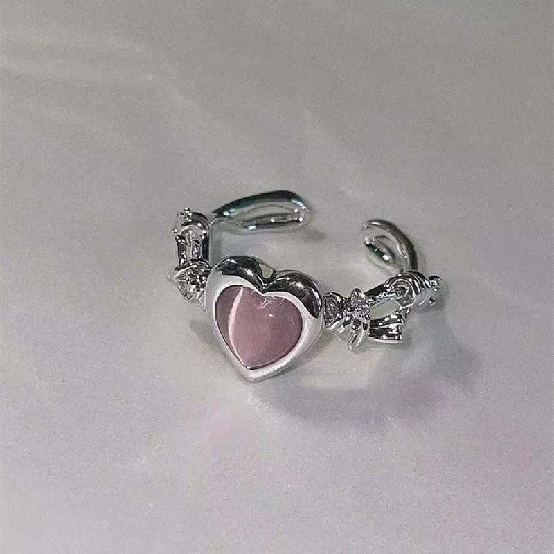 Kawaii pink princess rings hearts silver wings gemstones