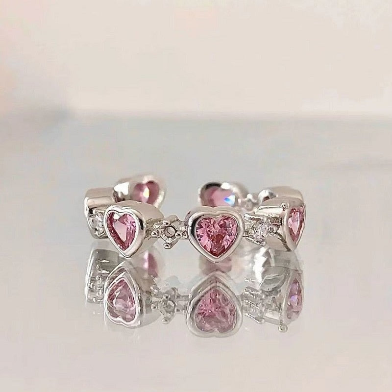 Kawaii pink princess rings hearts silver wings gemstones