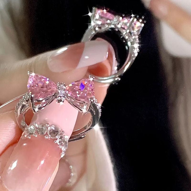 Kawaii pink princess rings hearts silver wings gemstones