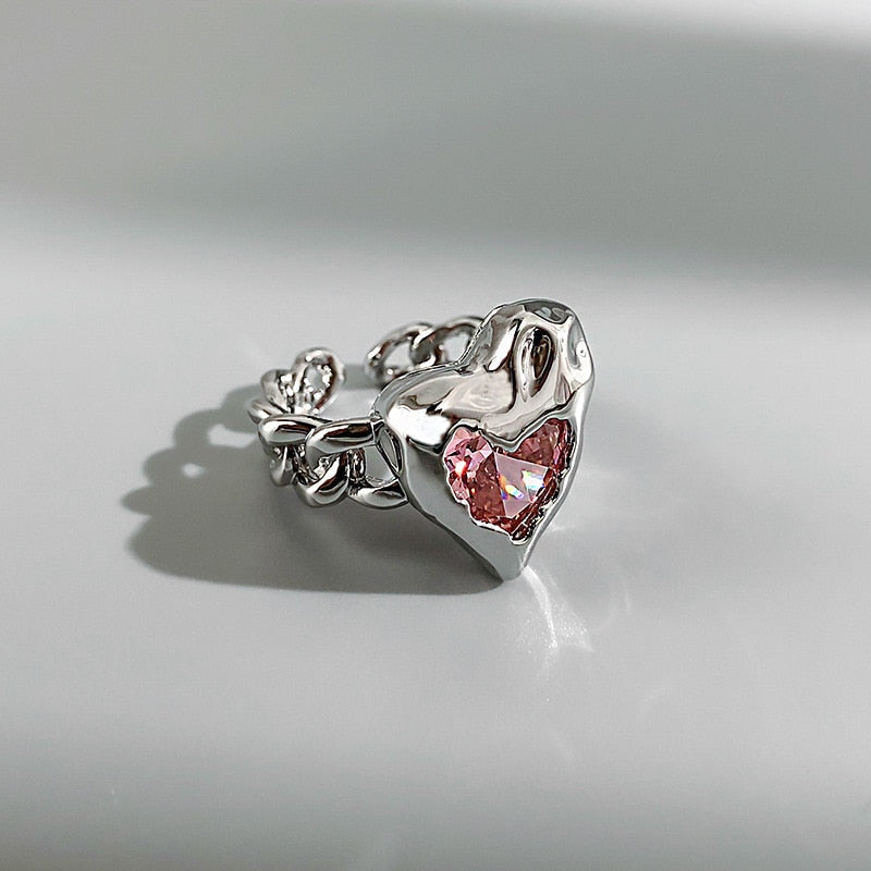 Kawaii pink princess rings hearts silver wings gemstones