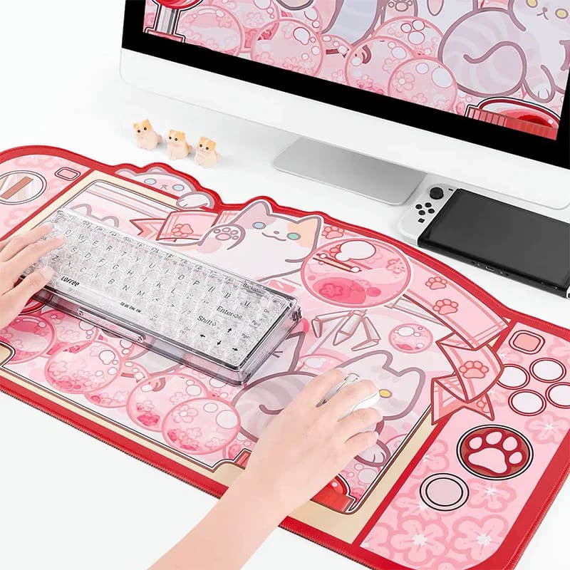 Kawaii pink silly cat gaming mousepad large size streaming