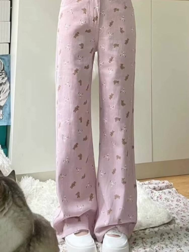 Kawaii pink tiny teddy bear denim trousers jeans