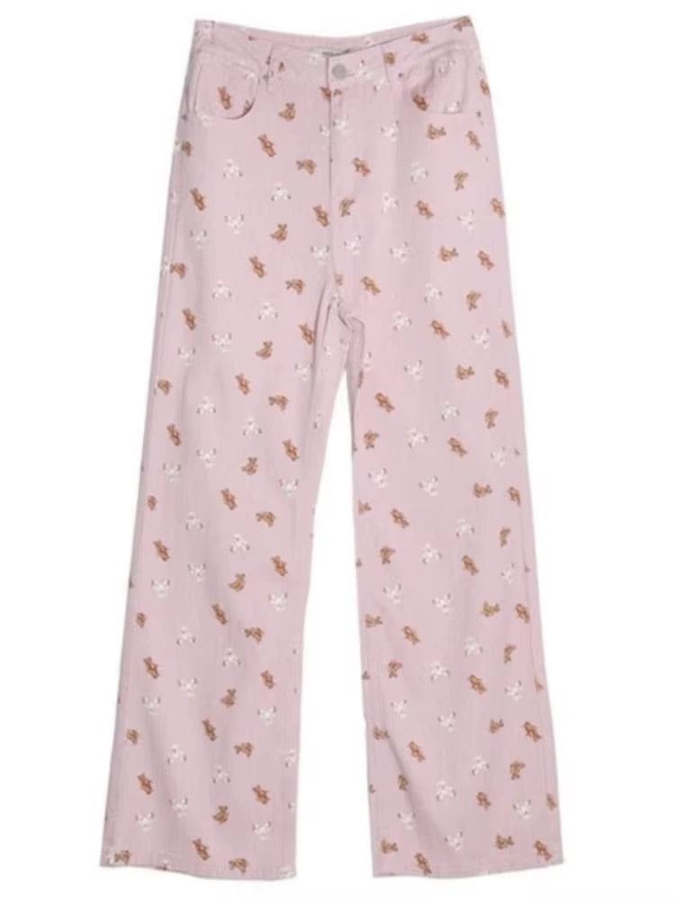 Kawaii pink tiny teddy bear denim trousers jeans