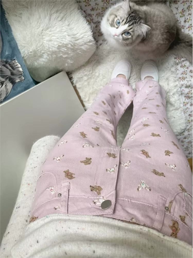 Kawaii pink tiny teddy bear denim trousers jeans