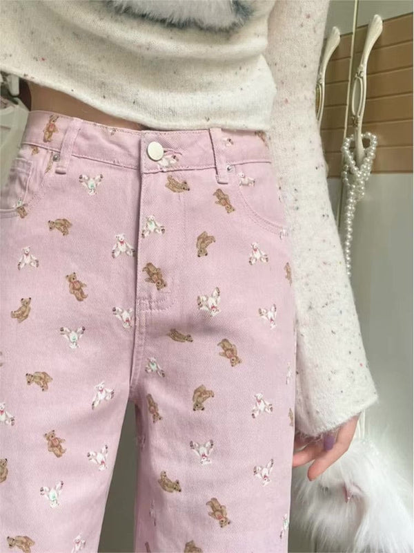 Kawaii pink tiny teddy bear denim trousers jeans