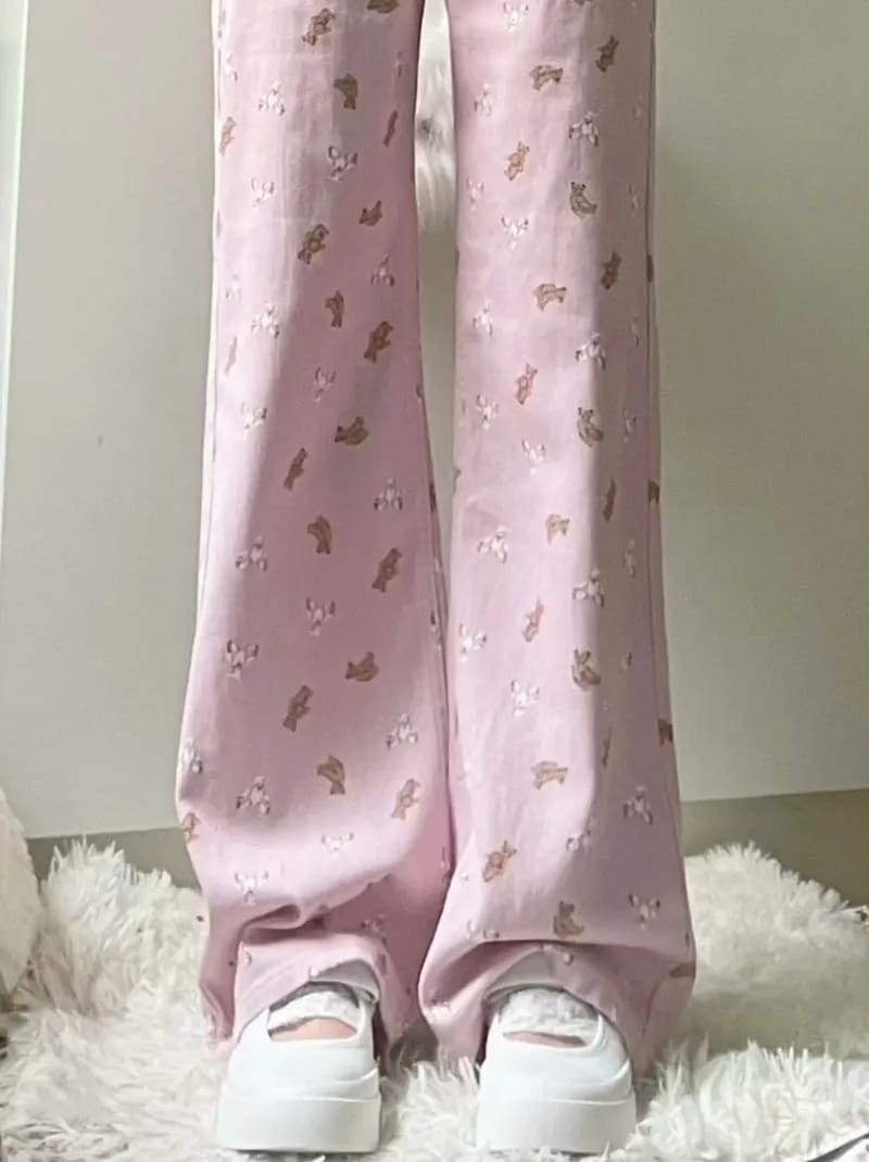 Kawaii pink tiny teddy bear denim trousers jeans