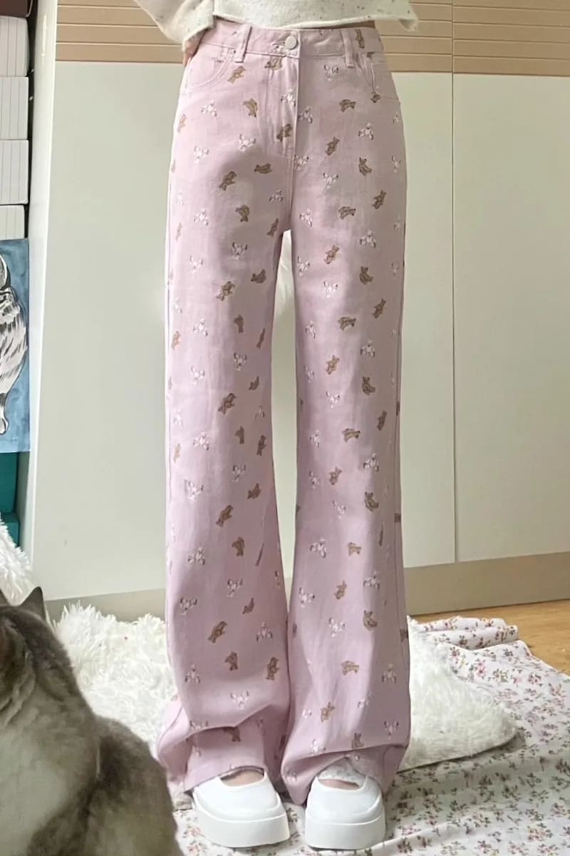 Kawaii pink tiny teddy bear denim trousers jeans