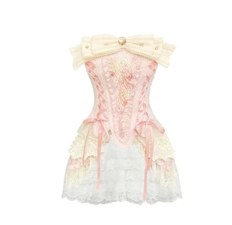 Kawaii pink white victorian ruffles & lace corset skirt set