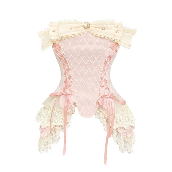 Kawaii pink white victorian ruffles & lace corset skirt set