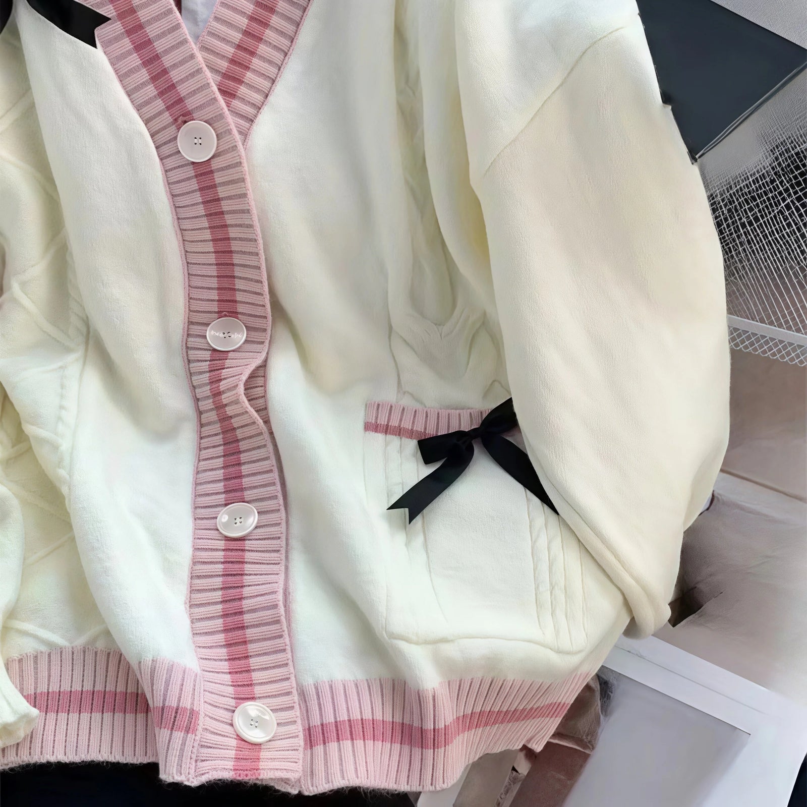 Ribbon Bow Knit Cardigan with Striped Trim and a Cute Patch Pocket