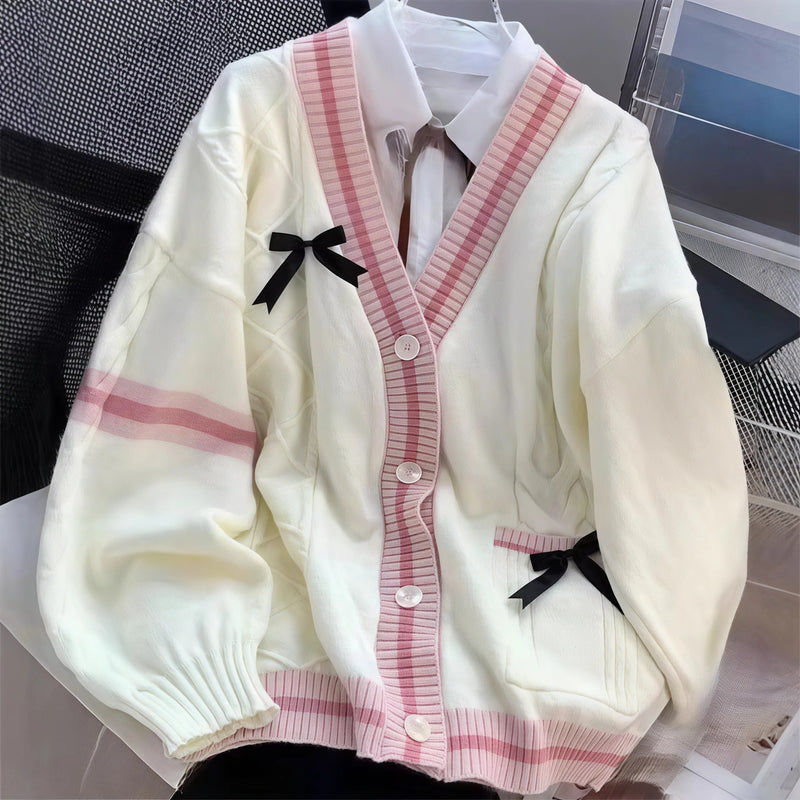 Ribbon Bow Knit Cardigan with Striped Trim and a Cute Patch Pocket