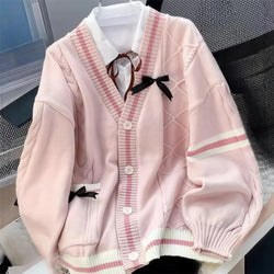 Ribbon Bow Knit Cardigan with Striped Trim and a Cute Patch Pocket