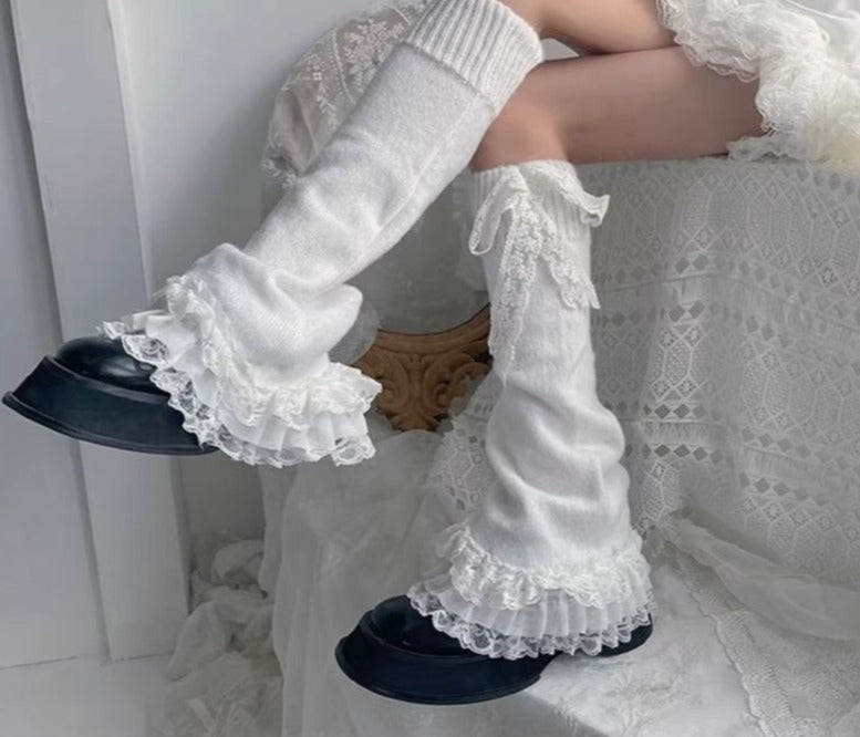 Kawaii ruffled & layered white lace leg warmers