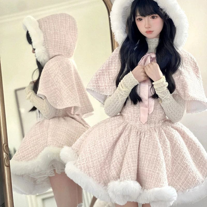 Kawaii snow dumpling tweed outfit set lolita dress & shawl