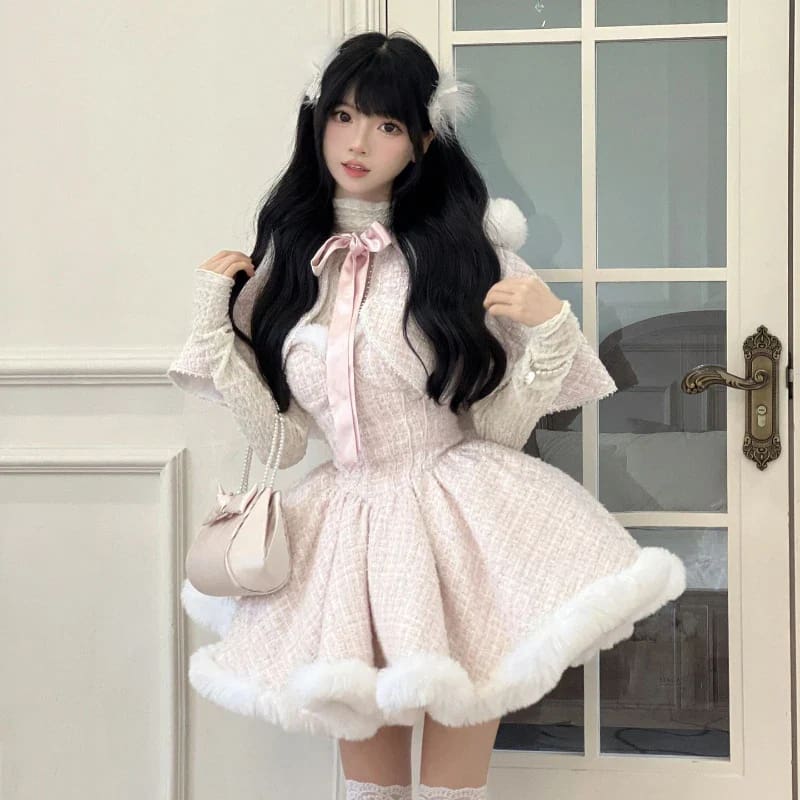 Kawaii snow dumpling tweed outfit set lolita dress & shawl