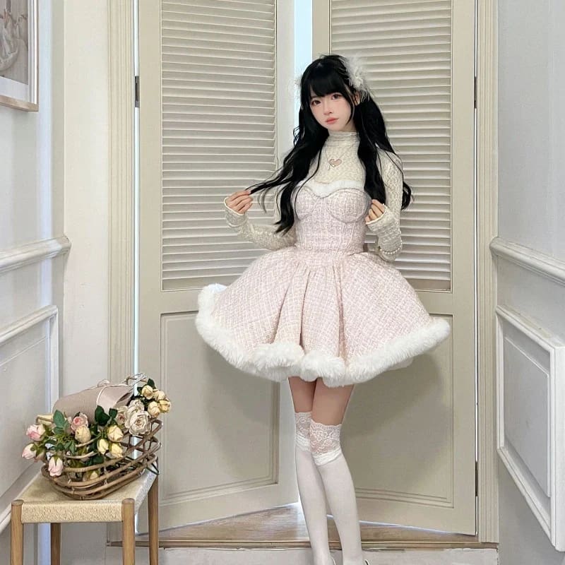 Kawaii snow dumpling tweed outfit set lolita dress & shawl