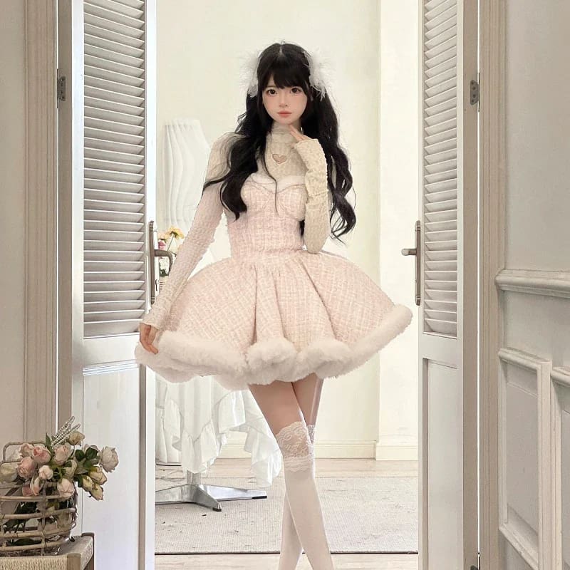 Kawaii snow dumpling tweed outfit set lolita dress & shawl