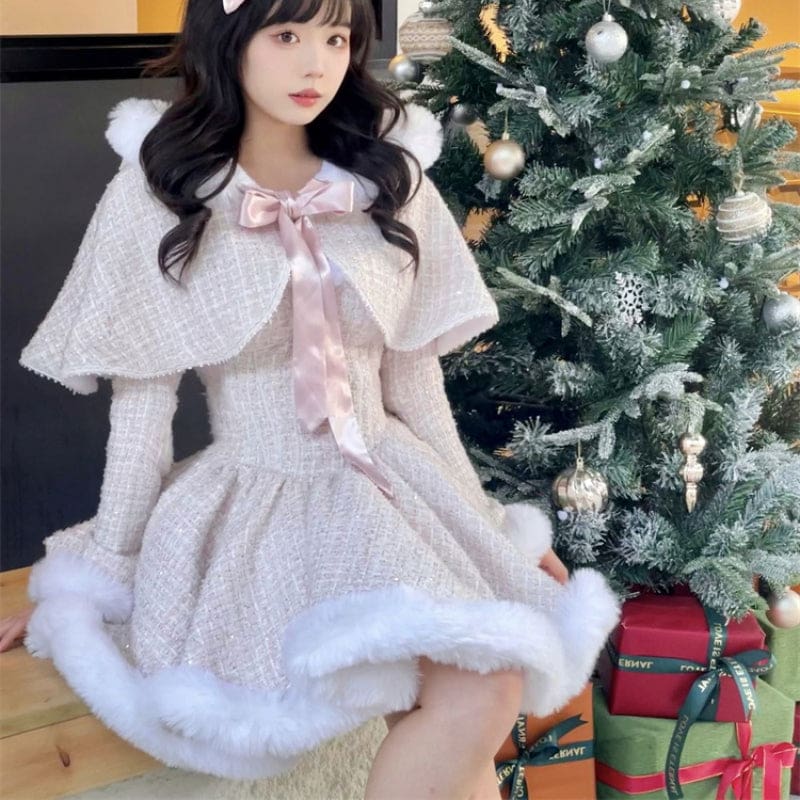 Kawaii Snow Dumpling Tweed Outfit Set Lolita Dress & Shawl M Kawaii Snow Dumpling Tweed Outfit Set Lolita Dress & Shawl M