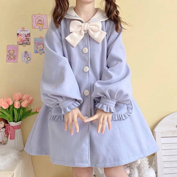 Kawaii sweet sailor long blue white trench coat with bows