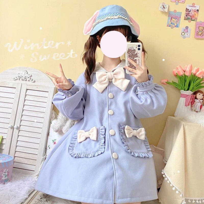 Kawaii sweet sailor long blue white trench coat with bows