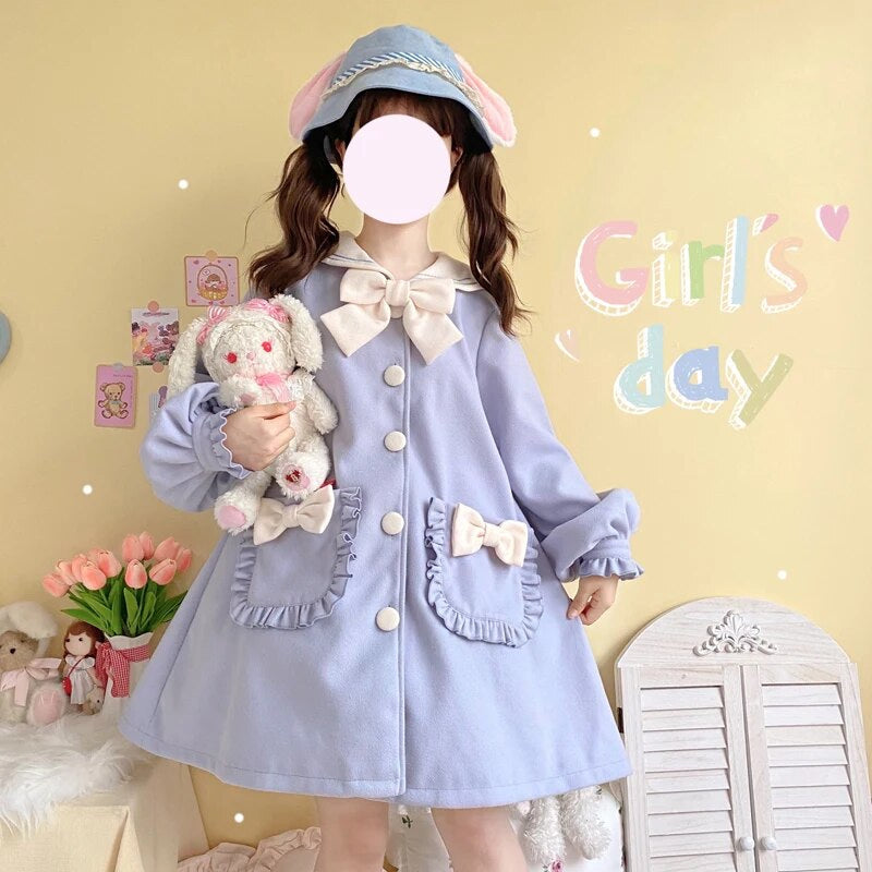 Kawaii sweet sailor long blue white trench coat with bows